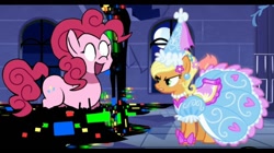 Size: 1289x720 | Tagged: safe, derpibooru import, applejack, pinkie pie, earth pony, pony, angry, castle of the royal pony sisters, clothes, corrupted, dress, friday night funkin', froufrou glittery lacy outfit, glare, pibby, princess, princess applejack, ready to fight, triple trouble