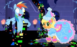 Size: 720x439 | Tagged: safe, derpibooru import, applejack, rainbow dash, earth pony, pegasus, pony, castle of the royal pony sisters, clothes, dress, friday night funkin', froufrou glittery lacy outfit, happy, pibby, princess, princess applejack