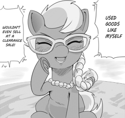 Size: 2280x2160 | Tagged: safe, artist:applephil, derpibooru import, silver spoon, earth pony, pony, black and white, eyes closed, female, filly, foal, grayscale, monochrome, open mouth, open smile, sitting, smiling, solo, speech bubble, talking to viewer, underhoof