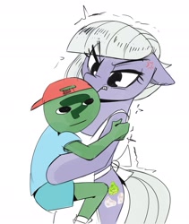 Size: 1637x1944 | Tagged: safe, artist:applephil, derpibooru import, limestone pie, oc, oc:anon, earth pony, human, pony, angry, apron, backwards ballcap, baseball cap, bipedal, cap, clothes, cross-popping veins, duo, ears, female, floppy ears, hat, holding a human, limestone pie is not amused, male, mare, simple background, unamused, white background