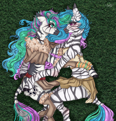 Size: 2000x2100 | Tagged: safe, derpibooru import, princess celestia, oc, oc:unise, zebra, canon x oc, clothes, grass, loincloth, shipping, species swap, tribal, zebra oc, zebrafied