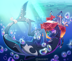 Size: 2727x2320 | Tagged: safe, artist:maximpy, derpibooru import, oc, oc only, original species, pony, shark, shark pony, bubble, crepuscular rays, digital art, dorsal fin, fangs, fish tail, high res, jewelry, necklace, ocean, red mane, smiling, solo, sparkles, sunlight, swimming, tail, underwater, water, watermark