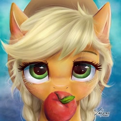 Size: 1000x1000 | Tagged: safe, artist:lailyren, derpibooru import, applejack, earth pony, pony, apple, applejack's hat, bust, clothes, cowboy hat, cute, female, food, hat, jackabetes, looking at you, mouth hold, solo