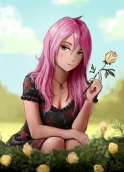 Size: 1000x1387 | Tagged: safe, artist:magfen, derpibooru import, roseluck, human, breasts, cleavage, clothes, cloud, female, flower, human coloration, humanized, jewelry, necklace, plant, rose, sky, solo