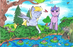 Size: 2158x1396 | Tagged: safe, artist:assertiveshypony, derpibooru import, amethyst star, cloud kicker, sparkler, changeling, dragon, dragonfly, frog, insect, pegasus, pony, raccoon, spider, unicorn, bush, can, cloud, cloudy, drawing, happy, rock, smiling, traditional art, tree, water, water lily