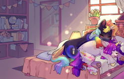 Size: 4096x2625 | Tagged: safe, artist:cutepencilcase, derpibooru import, oc, oc only, pony, unicorn, bed, bookshelf, crepuscular rays, dust, dust motes, globe, lamp, plant pot, plushie, teddy bear, window