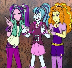 Size: 786x742 | Tagged: safe, artist:elioo, derpibooru import, adagio dazzle, aria blaze, sonata dusk, equestria girls, clothes, cute, female, open mouth, peace sign, smiling, surprised, the dazzlings, trio