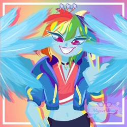 Size: 800x800 | Tagged: safe, artist:windywendy29, derpibooru import, rainbow dash, equestria girls, belly button, choker, clothes, female, grin, jacket, midriff, nail polish, pants, short shirt, smiling, solo, wings