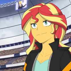 Size: 868x872 | Tagged: safe, artist:elioo, derpibooru import, sunset shimmer, equestria girls, anime, anime style, breasts, cleavage, clothes, crossover, female, my hero academia, present mic, smiling, solo, stadium, style emulation, sunset jiggler