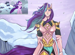 Size: 1280x940 | Tagged: safe, artist:degurechaft, derpibooru import, starlight glimmer, human, pony, unicorn, the ending of the end, armor, armor skirt, badass, clothes, deviantart watermark, female, gloves, horn, horned humanization, humanized, mare, obtrusive watermark, scene interpretation, screencap reference, skirt, snow, solo, watermark