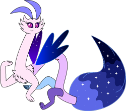 Size: 788x696 | Tagged: safe, artist:dolphboi, derpibooru exclusive, derpibooru import, oc, oc only, oc:symphony (draconequus), draconequus, female, looking at you, simple background, sister, smiling, solo, starry tail, starry wings, story included, tail, transparent background, wings
