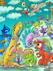 Size: 2624x3500 | Tagged: safe, artist:ja0822ck, derpibooru import, princess celestia, dinosaur, pony, asteroid, cloud, happy, imminent death, open mouth, open smile, ponified, sharp teeth, smiling, stegosaurus, sun, teeth, this will end in death, triceratops