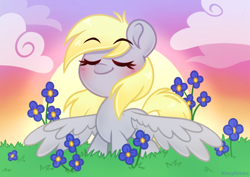 Size: 3508x2480 | Tagged: safe, artist:ninnydraws, derpibooru import, derpy hooves, pegasus, pony, background, blushing, cute, derpabetes, eyes closed, female, mare, smiling, solo, spread wings, sunset, sweet dreams fuel, wholesome, wings