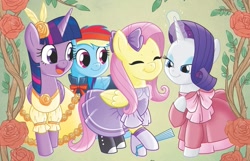 Size: 945x608 | Tagged: safe, derpibooru import, idw, fluttershy, rainbow dash, rarity, twilight sparkle, twilight sparkle (alicorn), alicorn, pegasus, pony, unicorn, my little pony classics reimagined: little fillies, anniversary, bowtie, clothes, cute, dashabetes, dress, eyes closed, eyeshadow, female, flower, gloves, glowing, glowing horn, horn, little women, magic, makeup, mare, raribetes, rose, shyabetes, twiabetes