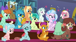 Size: 1278x718 | Tagged: safe, derpibooru import, screencap, amber grain, clever musings, cozy glow, fuchsia frost, gallus, malachite (sailor moon), ocellus, peppermint goldylinks, sandbar, silverstream, smolder, snowy quartz, yona, changedling, changeling, classical hippogriff, dragon, earth pony, griffon, hippogriff, pegasus, pony, unicorn, yak, a rockhoof and a hard place, bow, cloven hooves, colored hooves, dragoness, female, friendship student, hair bow, jewelry, male, monkey swings, necklace, student six, teenager