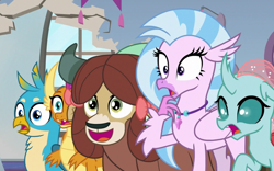 Size: 949x591 | Tagged: safe, derpibooru import, screencap, gallus, ocellus, silverstream, smolder, yona, changedling, changeling, classical hippogriff, dragon, griffon, hippogriff, yak, a rockhoof and a hard place, cropped, reaction image, varying degrees of want