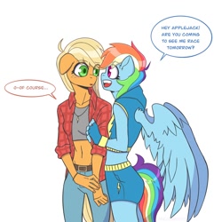 Size: 1200x1200 | Tagged: safe, artist:shallowwin, derpibooru import, applejack, rainbow dash, anthro, earth pony, pegasus, appledash, belly button, belt, clothes, cute, dashabetes, denim, duo, female, fingerless gloves, flannel, gloves, hoodie, jackabetes, jeans, jewelry, lesbian, midriff, necklace, open mouth, pants, shipping, shorts, simple background, sleeveless, sleeveless hoodie, sports bra, sports shorts, white background, wristband