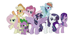 Size: 5909x3008 | Tagged: safe, artist:ponygamer2020, derpibooru import, mean applejack, mean fluttershy, mean pinkie pie, mean rainbow dash, mean rarity, mean twilight sparkle, spike, starlight glimmer, alicorn, dragon, earth pony, pegasus, pony, unicorn, the mean 6, absurd resolution, applejack's hat, bipedal, clone, clothes, cowboy hat, ears, evil grin, evil laugh, evil smirk, evil spike, evil starlight, eyebrows, female, grin, group, hat, hoof in air, hooves in air, laughing, looking at you, male, mane eight, mare, mean eight, mean six, mean spike, mean starlight glimmer, meanified, narrowed eyes, raised hoof, raised leg, shadow, simple background, smiling, solo, standing, tail, transparent background, vector, what if, y pose