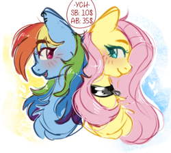 Size: 1640x1468 | Tagged: safe, artist:vaiola, derpibooru import, fluttershy, rainbow dash, pegasus, pony, advertisement, auction, avatar, back to back, big eyes, blushing, bust, chest fluff, collar, commission, couple, cute, duo, ear fluff, ear piercing, earring, ears, example, eyebrows, female, fluffy, flutterdash, flutterpet, happy, icon, jewelry, lesbian, long mane, looking at each other, looking at someone, looking back, mare, pet play, piercing, portrait, shipping, shy, simple background, sketch, solo, ych example, your character here