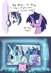 Size: 592x850 | Tagged: safe, artist:jargon scott, derpibooru import, dusk shine, gleaming shield, shining armor, twilight sparkle, pony, unicorn, against glass, brother and sister, comic, cute, dialogue, female, fork, glass, male, mare, microwave, open mouth, open smile, rule 63, shining armor is a goddamn moron, siblings, smiling, spoon, stallion, this will end in fire, this will end in pain, this will not end well, too dumb to live