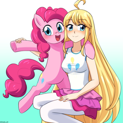 Size: 875x875 | Tagged: safe, artist:riouku, derpibooru import, pinkie pie, earth pony, human, pony, anime, blushing, clothes, commission, cosplay, costume, crossover, cute, diapinkes, dragalia lost, duo, female, mare, open mouth, skirt, stockings, tanktop, thigh highs, zethia