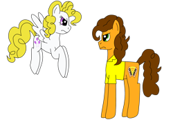 Size: 2048x1448 | Tagged: safe, artist:humanymcduck56, derpibooru import, cheese sandwich, surprise, earth pony, pegasus, pony, g1, g4, adoraprise, angry, cheese sandwich is not amused, cute, diacheeses, duo, female, flying, g1 to g4, generation leap, looking at each other, looking at someone, madorable, male, mare, simple background, stallion, surprise can fly, surprise is not amused, transparent background, unamused