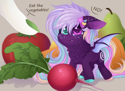 Size: 2200x1600 | Tagged: safe, artist:roselord, derpibooru import, oc, oc only, bat pony, pony, chest fluff, commission, finger, fluffy, food, fruit, heterochromia, neck fluff, pear, radish, tiny, tiny ponies, tomato, vegetables, ych result