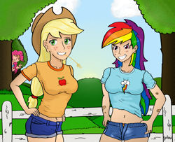 Size: 900x729 | Tagged: dead source, safe, artist:gutovi, derpibooru import, applejack, pinkie pie, rainbow dash, human, 2011, 2012, apple, applejack's hat, bandaid, clothes, cloud, cowboy hat, eyes closed, female, fence, food, freckles, grin, hat, humanized, multicolored hair, old art, pants, peace sign, rainbow hair, redraw, shirt, signature, sky, smiling, straw in mouth, tree