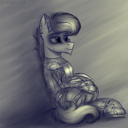 Size: 3100x3100 | Tagged: safe, artist:darklight1315, derpibooru import, oc, oc only, oc:trident, earth pony, pony, fallout equestria, earth pony oc, exoskeleton, eyebrows, fallout equestria: mayday, high res, male, monochrome, signature, sitting, sketch, smiling, solo, stallion