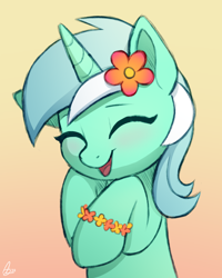 Size: 2000x2500 | Tagged: safe, artist:luminousdazzle, derpibooru import, lyra heartstrings, pony, unicorn, friendship is magic, background pony, blushing, bracelet, colored sketch, cute, doodle, eyes closed, female, flower, flower in hair, gradient background, happy, jewelry, lying down, lyrabetes, mare, open mouth, open smile, signature, simple background, smiling, solo