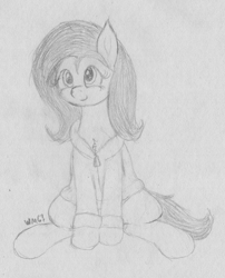 Size: 1843x2279 | Tagged: safe, artist:wapamario63, fluttershy, pegasus, pony, chest fluff, clothes, cute, female, hoodie, mare, monochrome, shyabetes, sitting, sketch, solo, traditional art