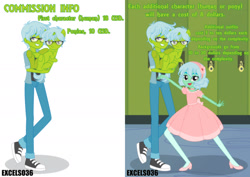 Size: 1870x1322 | Tagged: safe, derpibooru import, oc, oc only, oc:alexa, oc:excelso, human, pony, equestria girls, advertisement, canterlot high, clothes, commission info, converse, dress, glasses, high heels, human ponidox, lockers, self paradox, self ponidox, shoes, smiling