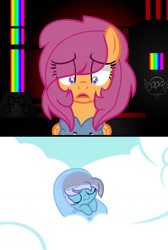 Size: 733x1090 | Tagged: safe, artist:mialositas2017, derpibooru import, scootaloo, oc, oc:absentia, oc:sweet, pegasus, pony, fanfic:pegasus device, fanfic:rainbow factory, baby, baby pony, clothes, cloud, fanfic art, female, filly, foal, hoodie, mare, next generation, older, older scootaloo, rainbow, sad, sky, sleeping, smiling, story included