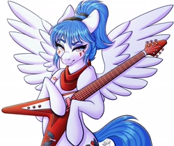 Size: 2520x2103 | Tagged: safe, artist:mxiiisy, derpibooru import, oc, oc only, oc:valkre siriusa, oc:valkyrie, pegasus, pony, accessory, bangs, blue eyes, clothes, cutie mark, ears back, facial markings, flying v, guitar, holding, looking at you, musical instrument, ponytail, scarf, simple background, smiling, smirk, smug, solo, spread wings, standing, white background, white coat, wings