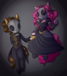 Size: 2680x3000 | Tagged: safe, artist:lockheart, derpibooru import, cheese sandwich, pinkie pie, earth pony, semi-anthro, cheesepie, clothes, dress, female, gas mask, holding hooves, male, mare, mask, my chemical romance, shipping, stallion, straight