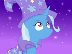 Size: 4000x3000 | Tagged: safe, artist:reinbou, derpibooru exclusive, derpibooru import, trixie, pony, unicorn, cape, clothes, female, hat, mare, simple background, smiling, solo, stars, trixie's cape, trixie's hat