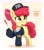 Size: 2751x3107 | Tagged: safe, artist:pabbley, derpibooru import, apple bloom, earth pony, pony, adorabloom, baseball cap, cap, clothes, cute, exclamation point, eye clipping through hair, eyebrows, eyebrows visible through hair, fbi, female, filly, foal, gradient background, hat, implied anon, jacket, solo, speech bubble, this will end in jail time