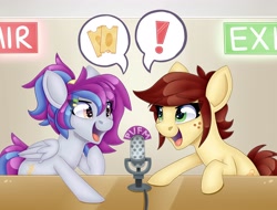 Size: 4096x3109 | Tagged: safe, artist:partylikeanartist, derpibooru import, oc, oc only, oc:aerial soundwaves, oc:canni soda, earth pony, pegasus, pony, 2018, duo, exclamation point, female, heart, heart eyes, mare, microphone, old art, open mouth, open smile, smiling, speech bubble, starry eyes, ticket, traditional art, wingding eyes