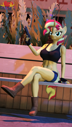 Size: 2160x3840 | Tagged: safe, artist:marianokun, derpibooru import, sunset shimmer, anthro, 3d, black lagoon, boots, breasts, clothes, cosplay, costume, gloves, gun, looking at you, revy, shoes, shorts, source filmmaker, weapon