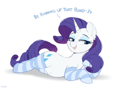 Size: 1100x770 | Tagged: safe, artist:higglytownhero, derpibooru import, rarity, pony, unicorn, belly, belly button, clothes, eyeshadow, female, kate bush, makeup, mare, open mouth, running up that hill, simple background, socks, solo, song reference, striped socks, white background