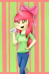 Size: 640x960 | Tagged: safe, artist:rmariansj, derpibooru import, apple bloom, human, equestria girls, adorabloom, apple bloom's bow, blushing, bow, clothes, cute, cutie mark on clothes, female, hair bow, happy, open mouth, open smile, sign, smiling, solo