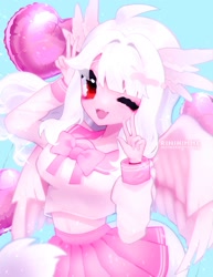 Size: 1582x2048 | Tagged: safe, artist:rinihimme, derpibooru import, oc, oc:ophelia, anthro, hippogriff, human, balloon, clothes, cute, pink, school uniform, solo