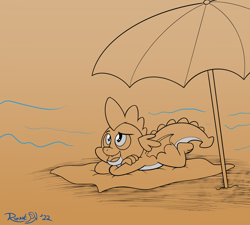 Size: 2000x1800 | Tagged: safe, artist:rupertbluefox, derpibooru exclusive, derpibooru import, spike, dragon, series:natg rupert 22, atg 2022, beach, beach towel, beach umbrella, crossed arms, cute, dichromatic, limited palette, looking up, lying down, male, newbie artist training grounds, ocean, prone, relaxing, sketch, smiling, solo, spikabetes, towel, umbrella, water, wave, winged spike, wings
