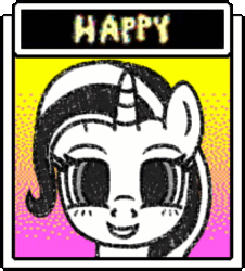 Size: 422x466 | Tagged: safe, artist:horses are fuckin weird, derpibooru import, trixie, pony, unicorn, alternate universe, animated, black and white, crossover, female, frame by frame, gif, grayscale, happy, looking at you, mare, monochrome, omori, simple background, smiling, smiling at you, squigglevision, text, transparent background