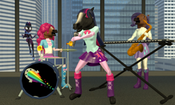 Size: 5120x3072 | Tagged: safe, artist:n3onh100, derpibooru import, masked matter-horn, pinkie pie, rarity, sci-twi, twilight sparkle, equestria girls, cursed image, drums, hoers mask, keyboard, mask, microphone, musical instrument, power ponies