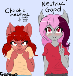 Size: 1277x1334 | Tagged: safe, artist:freefraq, derpibooru import, oc, oc:cherry slime, oc:lilac san, anthro, bat pony, goo, goo pony, original species, blushing, clothes, peace sign