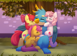 Size: 2570x1874 | Tagged: safe, artist:dinoalpaka, derpibooru import, apple bloom, gallus, scootaloo, sweetie belle, earth pony, griffon, pegasus, pony, unicorn, bow, eyebrows, eyes closed, female, filly, foal, folded wings, group hug, hair bow, high res, horn, hug, male, mare, quartet, sitting, smiling, wings