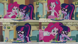 Size: 1280x720 | Tagged: safe, derpibooru import, edit, edited screencap, editor:quoterific, screencap, pinkie pie, sci-twi, twilight sparkle, better together, equestria girls, stressed in show, stressed in show: pinkie pie, apple, bowtie, clothes, cutie mark on clothes, duo, duo female, eyes closed, female, food, geode of sugar bombs, geode of telekinesis, glasses, jewelry, magical geodes, necklace, open mouth, open smile, ponytail, sandwich, smiling, text