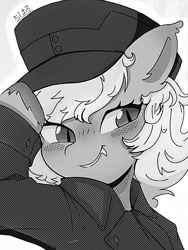 Size: 600x800 | Tagged: safe, artist:ishikawachichan, derpibooru import, oc, oc only, bat pony, clothes, comic, fangs, female, hat, japanese, looking at you, mare, monochrome, salute, simple background, solo, white background