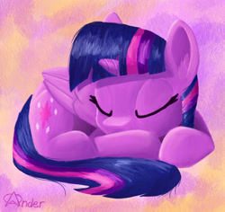 Size: 1280x1206 | Tagged: safe, artist:anderdragon76, artist:anderdraws, derpibooru import, twilight sparkle, twilight sparkle (alicorn), alicorn, pony, abstract background, eyes closed, female, folded wings, horn, lying down, mare, prone, sleeping, solo, wings
